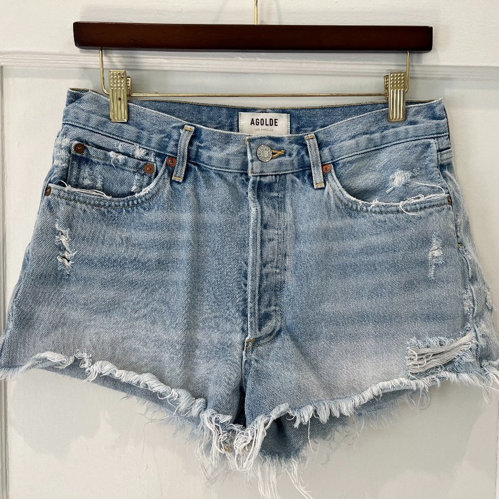 Agolde Parker Long Loose Vintage Denim Shorts, Size 29, Color Skywave